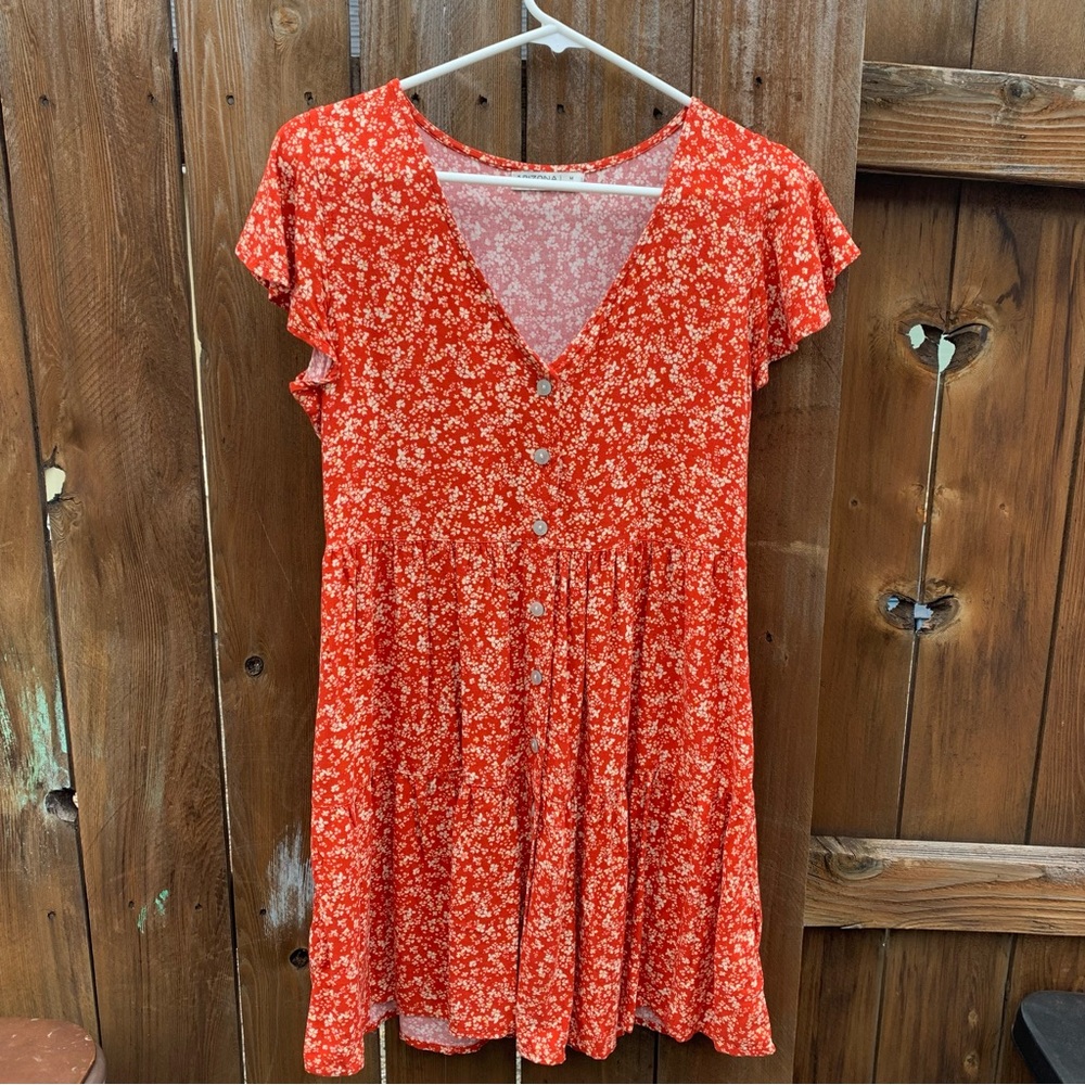 Boho Orange Floral Dress V-Neck Button Down Short Sleeve Dress Size M